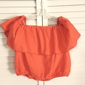 Trina Turk Top, Size XL, Linen, Orange, Off Shoulder Ruffle, Elastic Hem Cropped